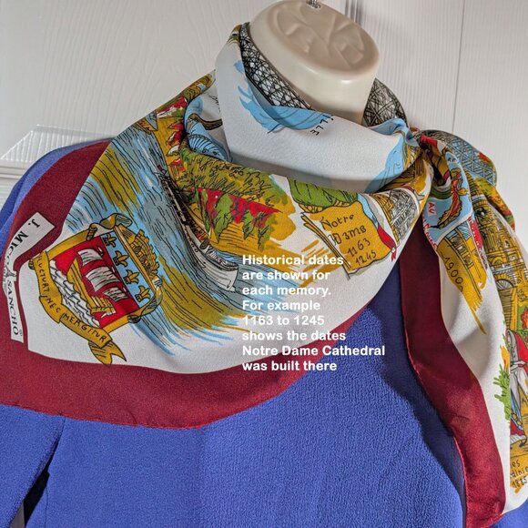 VTG Souvenir Scarf, Historical scenes in Paris, France, 30" square polyester - Picture 4 of 16